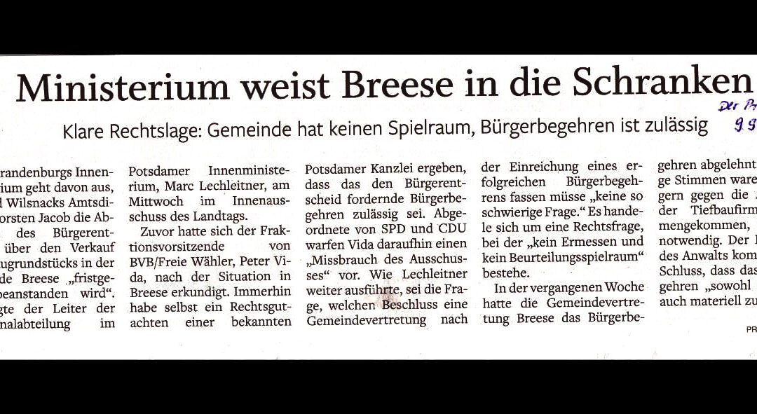 Breese bekommt Bürgerentscheid: Weiterer Sieg für Demokratie!